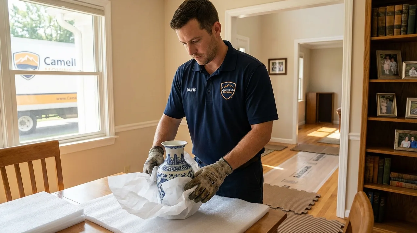 Professional crew carefully wrapping antique vase for senior downsizing move in Paradise, PA